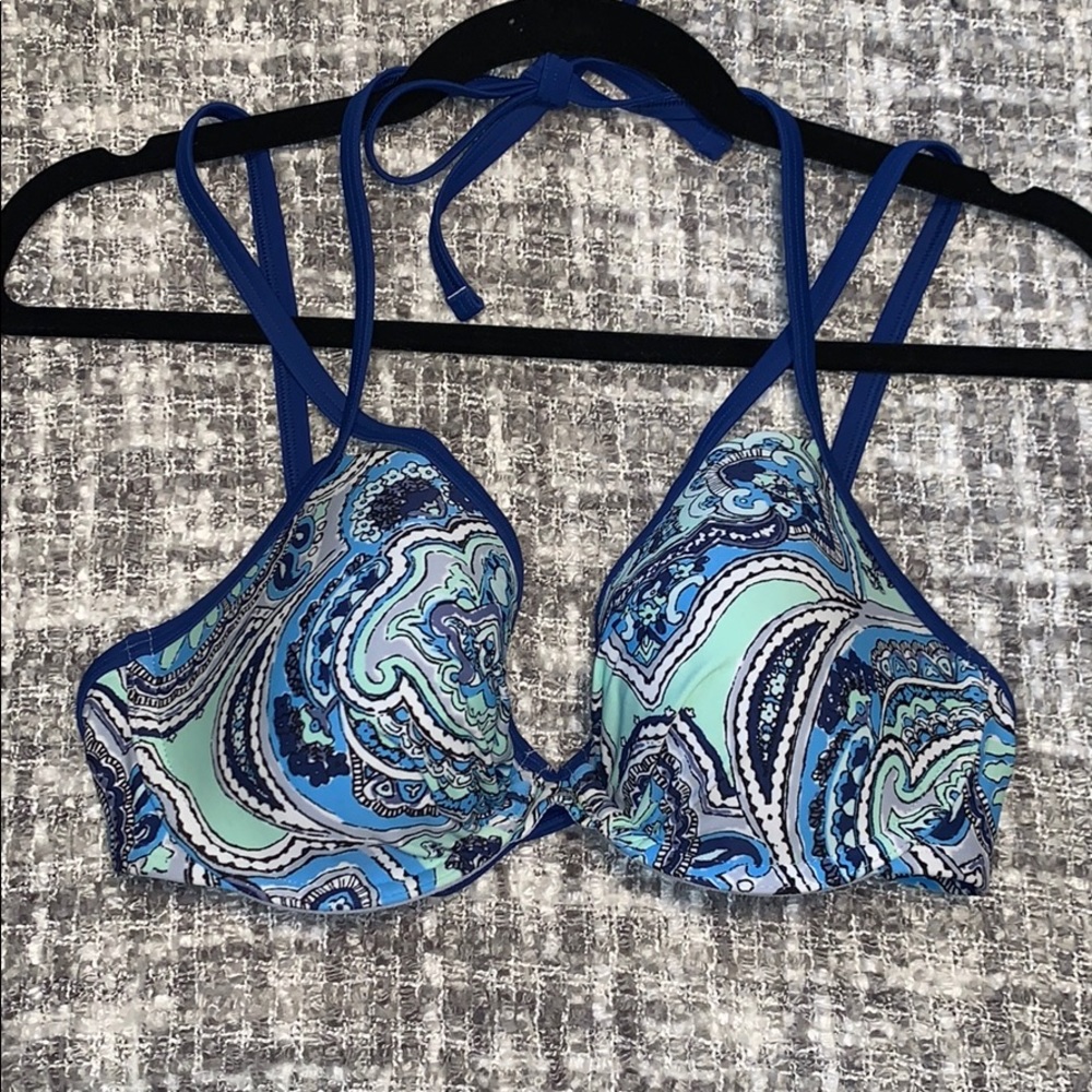 Green and blue paisley pattern bathing suit top